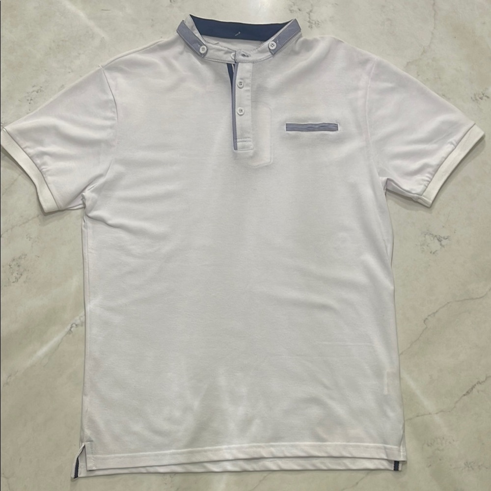 White Men's Shirt with Navy Accents